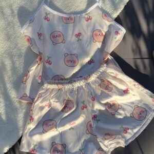 تاپ شلوارک ساتن خرسی آلبالو🍒🐻